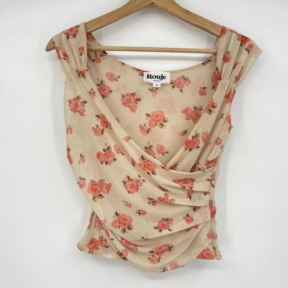 Rouje Paris| Iva Top Floral Mesh Surplice Faux Wrap Bodycon Romantic Blouse 40 8 - Picture 6 of 16